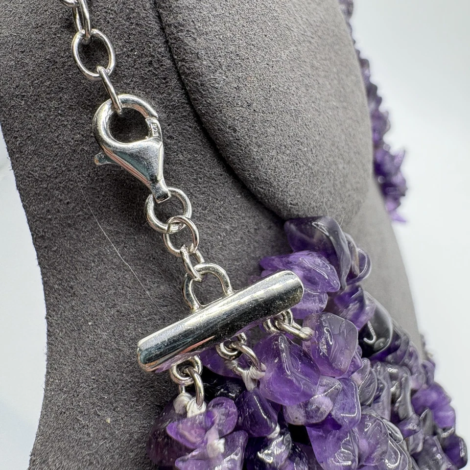 Collar Multi Hilo Cuentas Astilladas Amatista Plata de Ley 925 Ajustable Púrpura Foto 3 de 4