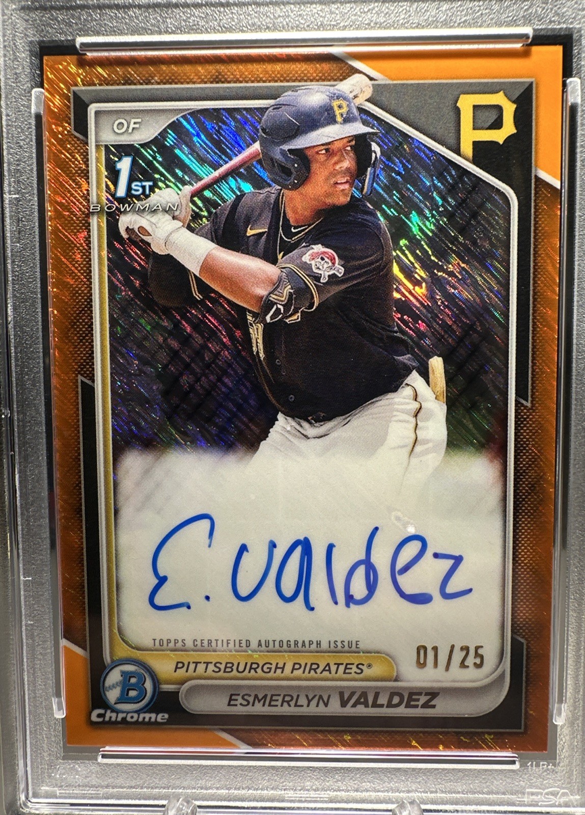 2024 Bowman - Chrome Prospect Auto Orange Shimmer #1/25 Esmerlyn Valdez #CPA-EV view 2