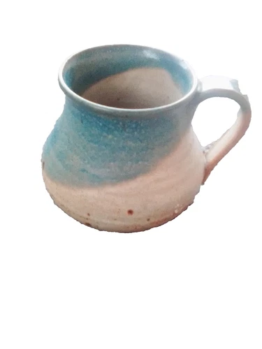 Studio Art Pottery Mug Blue Tan Drip Glaze Artist Signed Handmade Stoneware