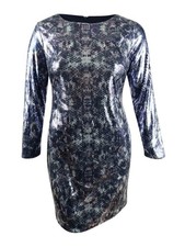 Vince Camuto Women's Sequined Snake-Embossed Shift Dress (2, Navy/Silver)