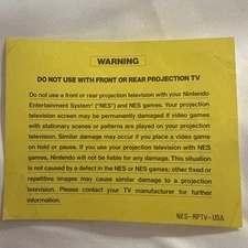 Nintendo NES Rear Projection TV Yellow Warning Insert NES-RPTV-USA