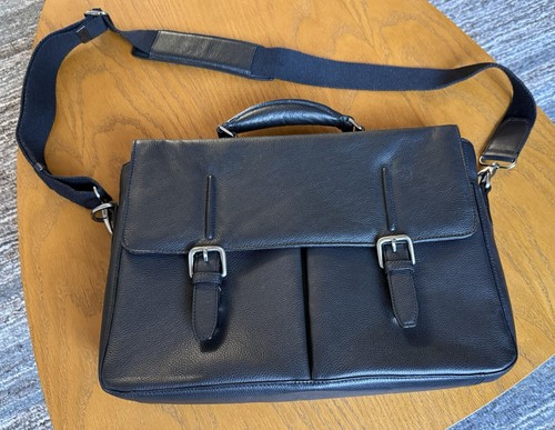 John Lewis Black Leather Shoulder / Messenger Bag with Laptop & iPad compartment - Picture 1 of 8