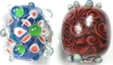 2 Hand Crafted Glass Multi-Colored Bumpy Focal Lampwork Boro Metal Insert Beads