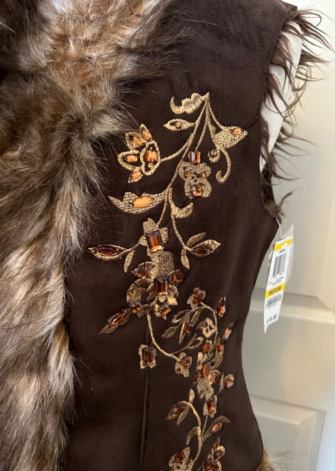 INC Brown Plush Faux Fur & Suede Med Amber Rhinestones Gold Embroidered Vest NWT - Image 3 of 4