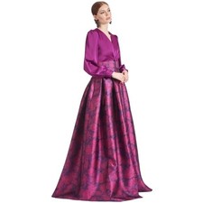 Sachin & Babi Zoe Magenta Floral Jacquard Satin Puff Sleeve Gown Belted Pockets