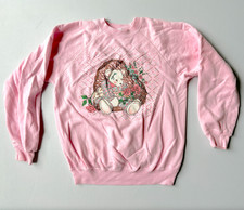 Vintage Hanes Womens Sweatshirt Pink Sz Medium Teddy Bear Flowers 90s