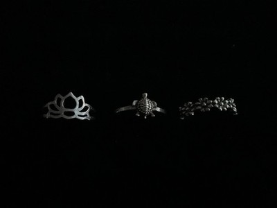New x3 Silver Tone Rings Turtle Flowers Lotus Boho Trendy Fashion Set Size 5/6