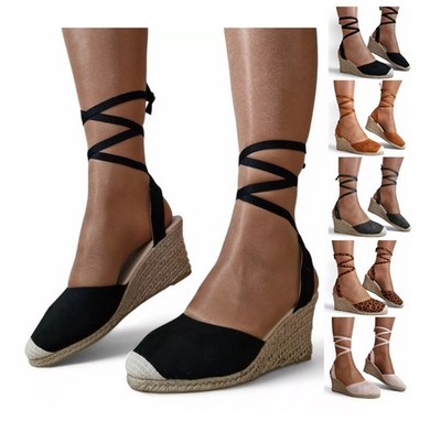 Damenschuhe Espadrille Keilabsatz Schnürschuhe Knöchel zum Binden geschlossene Zehe Größen 3-8