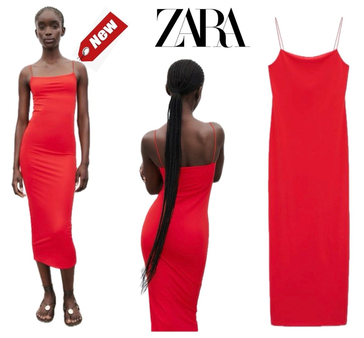 Zara dress Women long fitted elastic red spaghetti strap