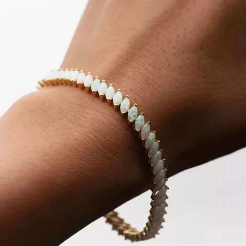 6Ct Marquise Cut Lab-Created Fire Opal 14K Yellow Gold Plated Women's Bracelet - Picture 4 of 5