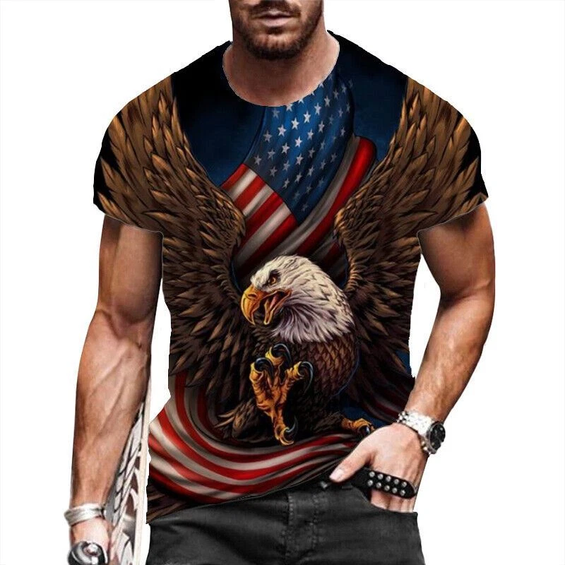 Camiseta Hombre Manga Corta Bandera Estadounidense Águila Moda Estampado Gráfico