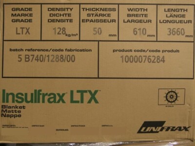 Dämmdecke 50 mm x 128 kg Dichte Insulfrax LTX 3,6 m x 610 mm
