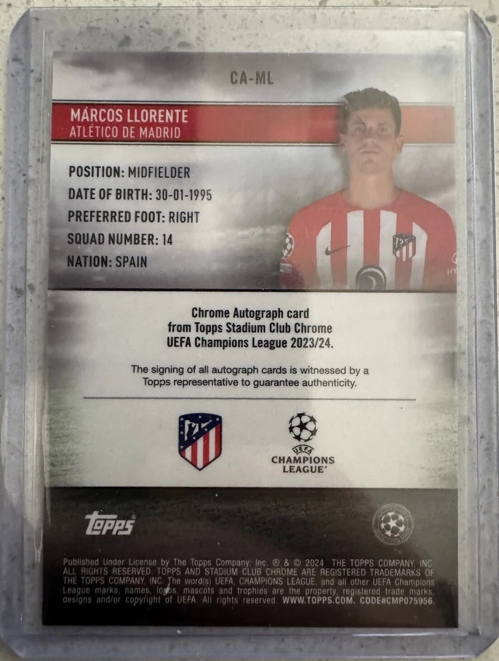 2023 STADIUM CLUB CHROME UEFA CHAMPIONS LEAGUE BLACK AUTO MARCOS LLORENTE 8/10 - Image 2 of 2