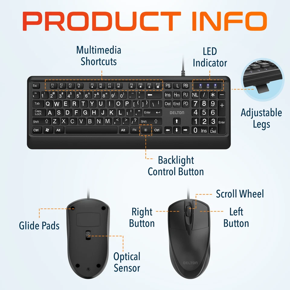 Delton KBM20 Large BIG Button/Keys Backlight Keyboard with Optical Mouse, Black - Image 4 of 4
