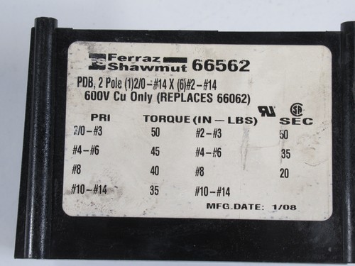 Ferraz Shawmut 66562 Power Distribution Block 600V 2-Pole USED - Picture 2 of 5
