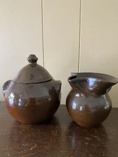 Antique C. 1960 Ben Owen Master Potter Sugar/Creamer Set Orange/Brown NC Pottery
