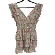 Love The Label Ines Ivory Tiered Ruffle Skirt Mini Dress Floral Ivory Medium NWT