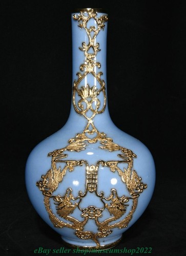10" Chinese Qianlong Blue Glaze Porcelain Copper Gild Flower Bottle Vase Pair - Picture 3 of 9