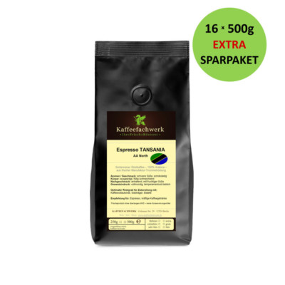 Espresso Tansania 16x500g, Extra Espresso 8kg Sparpaket vom Kaffeefachwerk