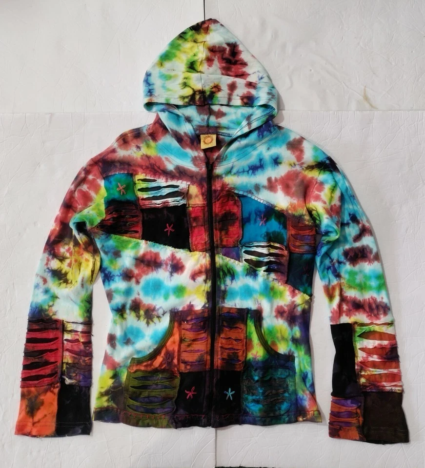 Karma Circle Women Small Med Multicolor Zip Hoodie Tie Dye Embroider BOHO Hippie - Image 2 of 4