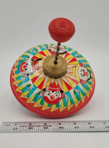Chein Playthings Lithograph Tin Vintage Spinning Top Circus Clowns Striped