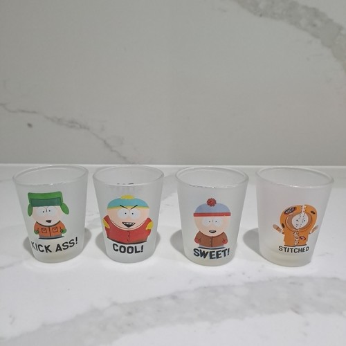 Full Set 4 Vintage South Park Frosted Shot Glasses Comedy Central 2000 FAST P&P