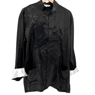 Chinese Black Satin Dragon Embroidered Frog Button Jacket