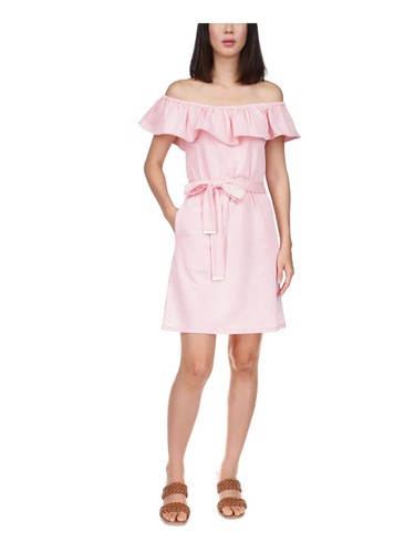 MICHAEL MICHAEL KORS Womens Coral Tie Waist Unlined Short Sleeve Sheath Dress L