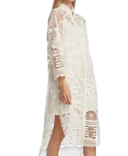 FARM RIO Ivory Boho Luxe Crochet Lace Tropical Resort Shirt Dress MED Cover Up