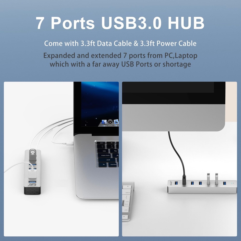7-Port Aluminum USB Hub with Long Cable for Desktop Expansion