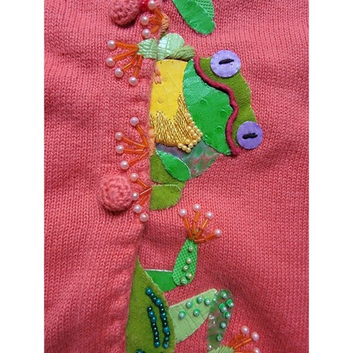 Michael Simon Salomon Colored Cardigan Sweater With Beaded Green Frogs Size M - Picture 4 of 13