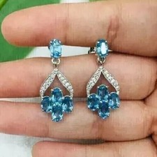 Drop-Dangle Earring 14K White Gold Plated Lab-Created Blue Topaz 3Ct Oval Cut