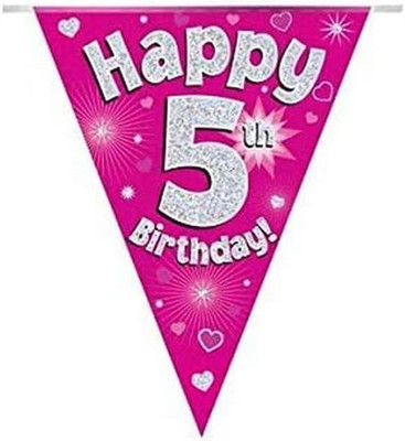Party-Wimpelkette ''Happy 5th Birthday'', holografisch, 11 Flaggen, 3,9 m, Pink