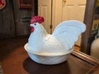 Vintage Westmoreland Large White Milk Glass Rooster on Nest Split Tail-Post 1946