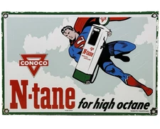 VINTAGE CONOCO SUPERMAN GASOLINE PORCELAIN SIGN GAS STATION PUMP PLATE MOTOR OIL