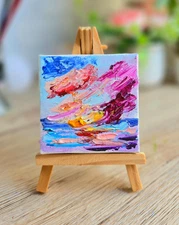 Abstract Sunset Oil Painting 7x7cm on Canvas with Easel Sea