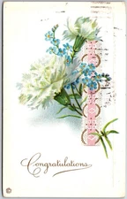 Congratulations, 1916 White Carnations & Forget-Me-Not Flowers, Vintage Postcard