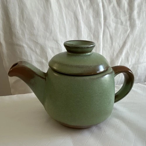 Frankoma 6J Green Brown Ceramic Teapot with Lid and Handles Glossy Pottery