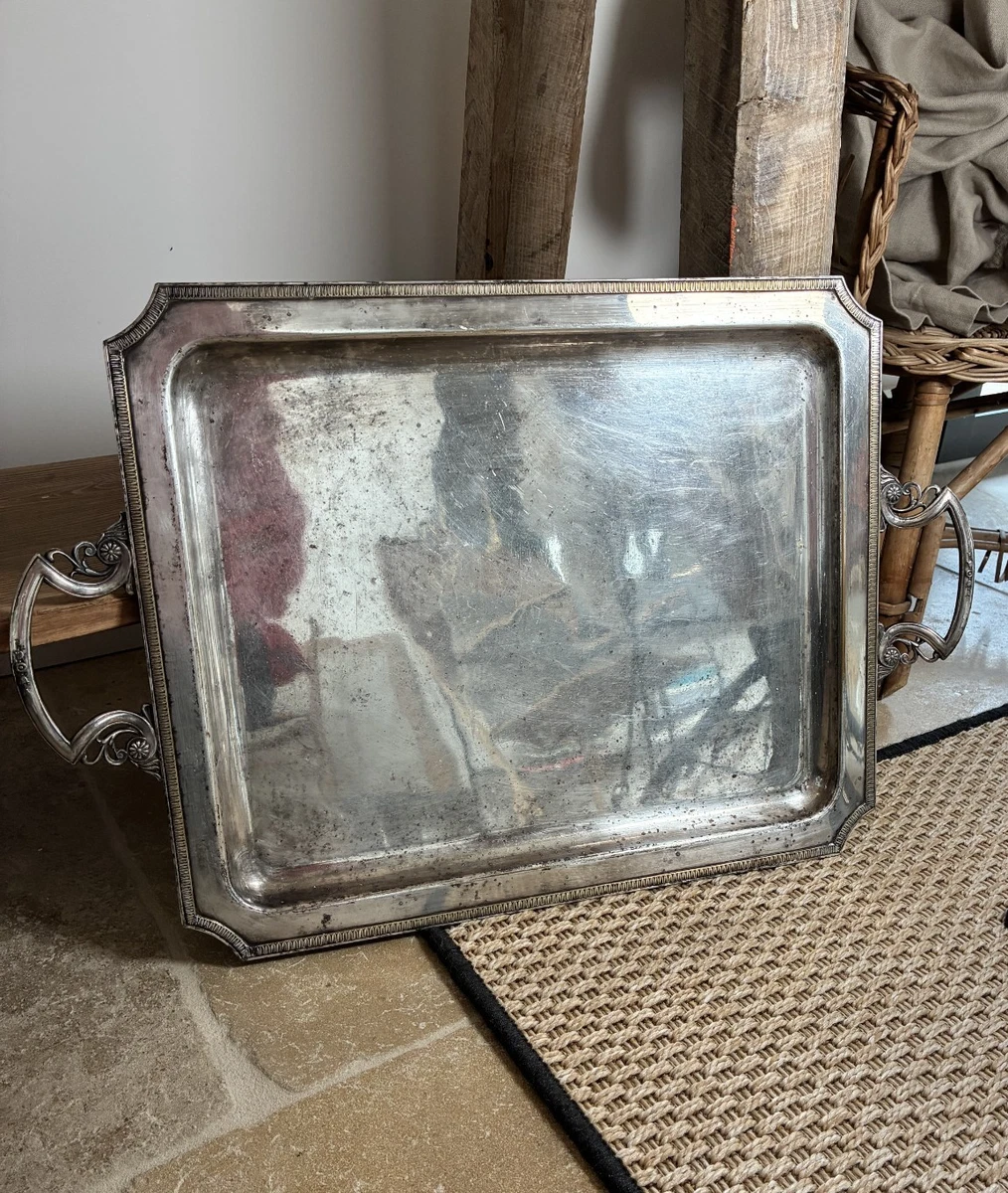 Plateau en porcelaine fleurie armature en métal argenté | Ma Cabane Vintage