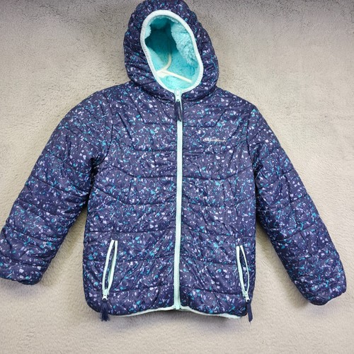 Eddie Bauer Jacket Girls 8 Blue Purple Hooded Reversible Faux Fur Puffy Winter - Picture 2 of 22