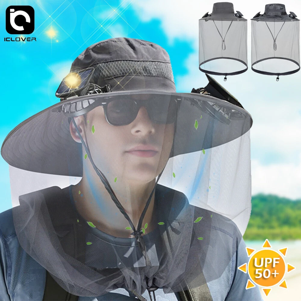 Solar Fan Hat with Mosquito Net Men Wide Brim Sun Fishing Outdoor Bucket Women