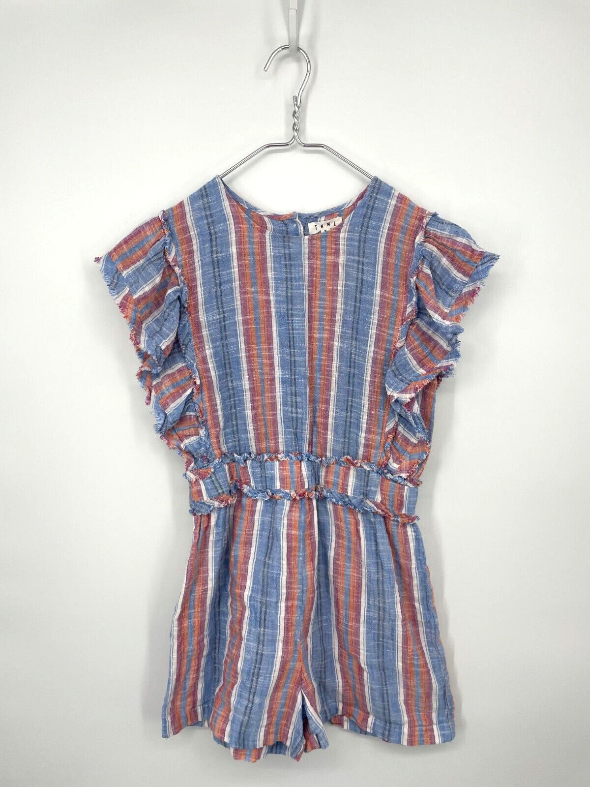 THML Romper Womens Medium Blue Striped Gauzy Ruffle Back Buttons Cotton-image