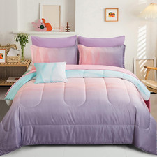 Girls Comforter Set Queen Size Colorful Ombre Blue Pink Purple Rainbow Bedding S