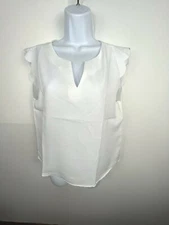Shein Womens Sleeveless Top Sz M White Scallop V Neck Quiet Luxury Minimalist
