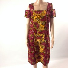 Womens Embellished Dress African Kanga Print Ankara Cold Shoulder Red Size S