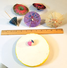 VINTAGE DOLLHOUSE HOMEMADE POOL & BALL, 2 STRAW  HATS, 3 WOOD UMBRELLAS — photo 2