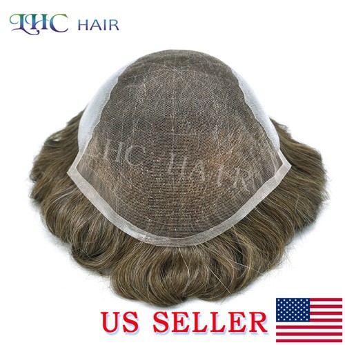 Mens Toupee French Lace Front Human Hair Replacement System Black Brown Grey Wig - Picture 5 of 80