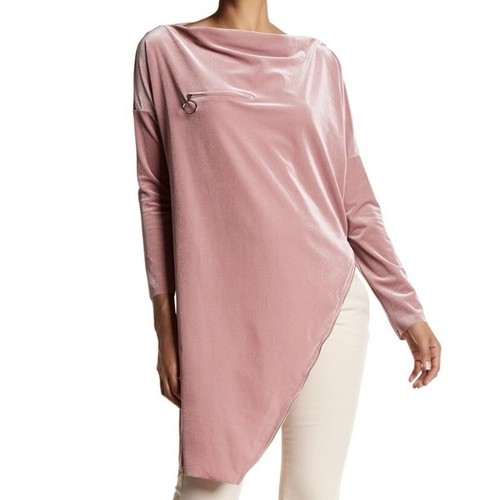 TOV Zipper Tunic Top Size 40 Medium Pink Velvet Asymmetrical Hem Long Sleeve
