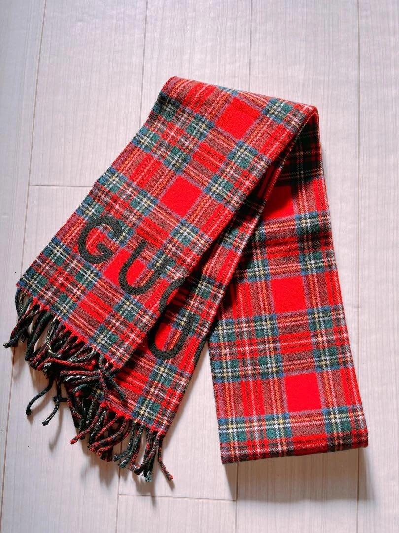 GUCCI Scarf Tartan Check 85% Wool 15% Cashmere Reversible Made in Italy Red