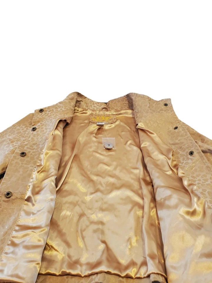 Jaqueta feminina de couro camurça LAL XL forrada de leopardo bronzeado metálico dourado NOS - Imagem 3 de 4